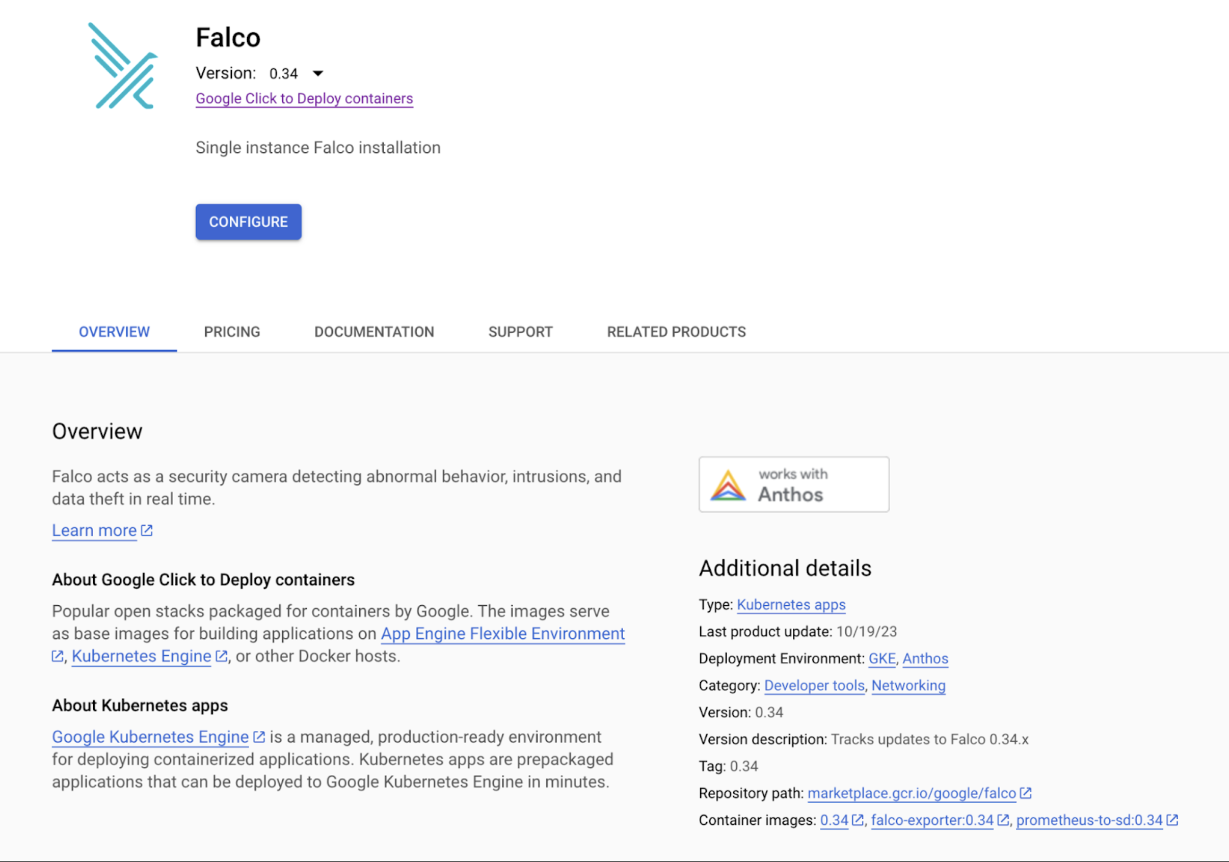 "screen shot of Falco on Google Cloud Marketplace"